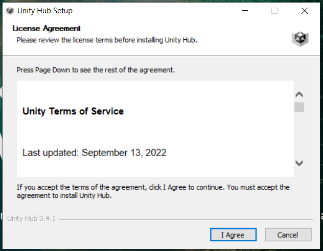 Unity Hub Terms Screen