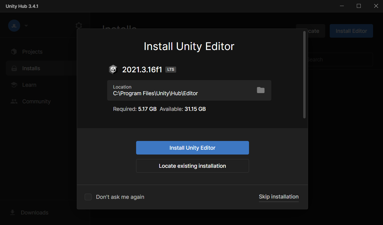 Unity Hub Install Screen