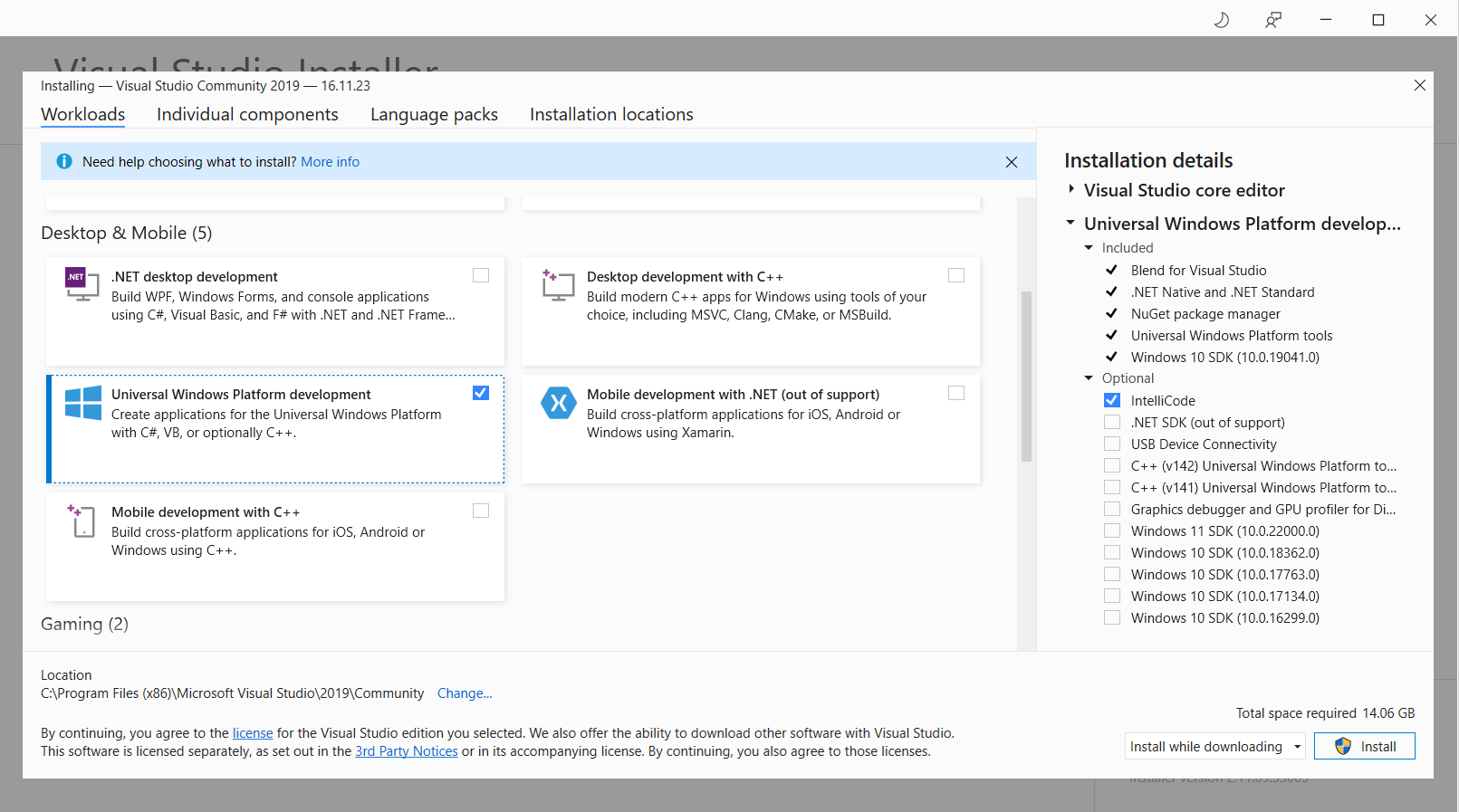 Visual Studio Installer Options